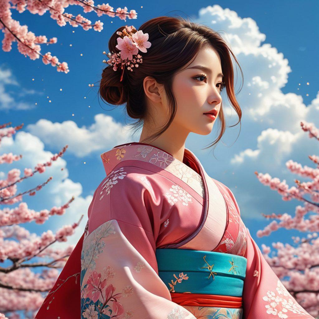 A striking juxtaposition of two scenes: on one side, a vibrant, playful adult anime character in a provocative pose surrounded by whimsical, dream-like elements; on the other side, a sophisticated, artful portrayal of a more refined and elegant anime character, depicting maturity and depth. The background transitions from bold colors to softer pastels, reflecting the evolution in style. Include subtle references to Japanese culture, like cherry blossoms and traditional motifs, to enhance the theme. super-realistic. vibrant colors. dynamic composition.